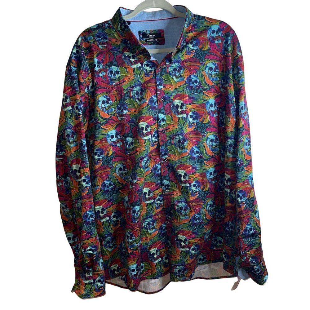 Mizumi Mens Shirt Size 3XL Multicolor Skull Tropical Print Button Up Modern Fit